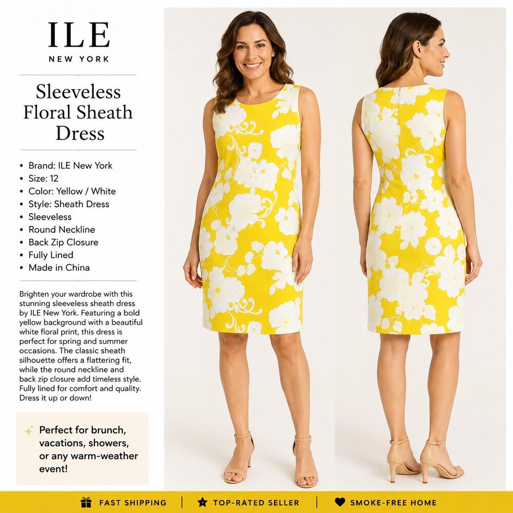 ILE New York Yellow & White Bold Floral Sleeveless Shift Dress Womens Size 12